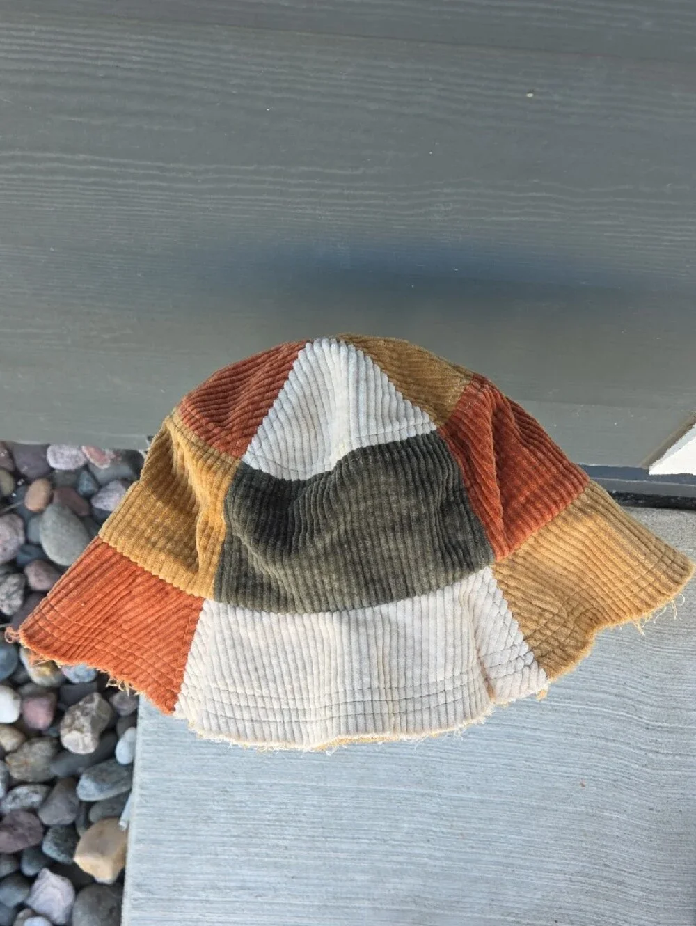 Urban Outfitters BDG Patchwork Corduroy Bucket Hat in Olive, Cream & Rust